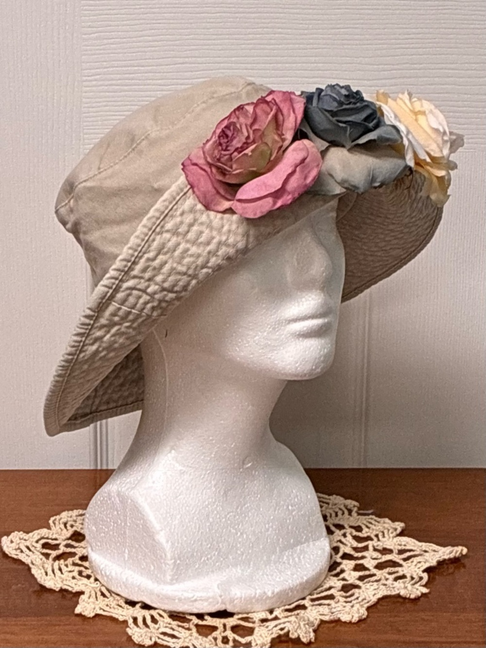 Vintage 90’s Blossom Hat, Tan, Cotton, Hand Embellished